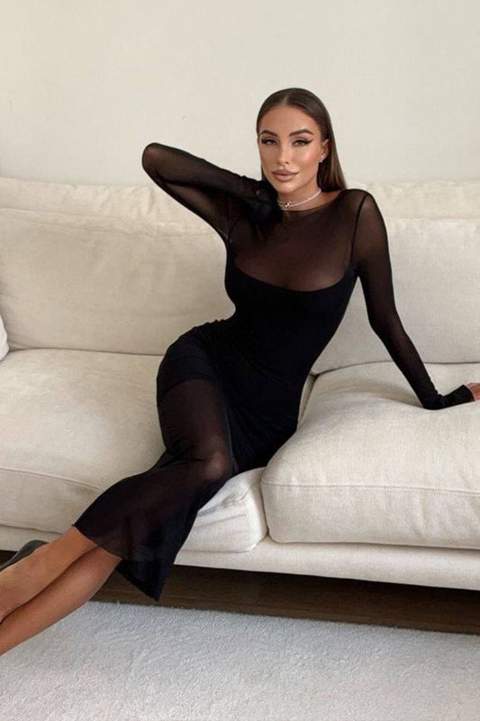 Figurbetontes Maxikleid mit Patchwork und Netzdetails in Schwarz