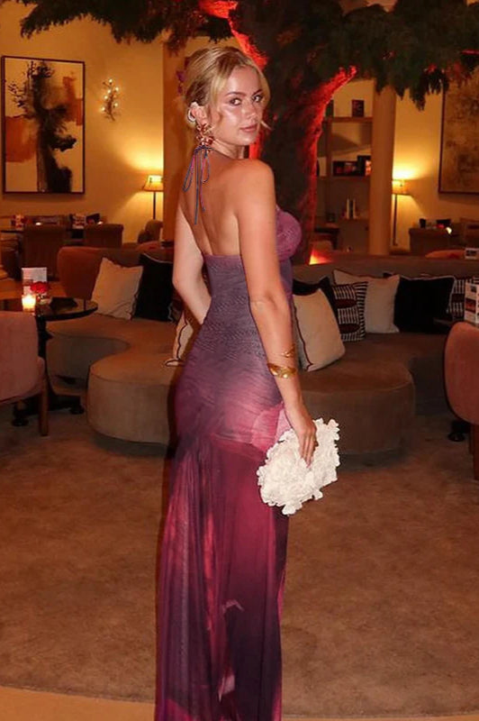 Rückenfreies Maxikleid mit Raffung, Blumenmuster und Netzdetails