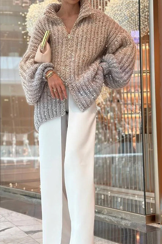 Strickjacke mit Strickstruktur und Pailletten in Khaki