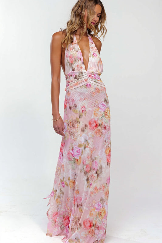 Rückenfreies Maxikleid mit Neckholder und Druck in Rosa