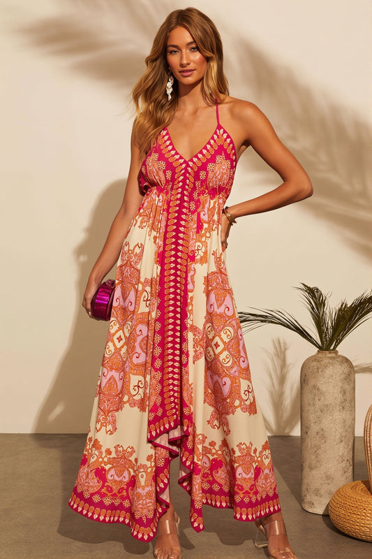 Maxikleid mit Neckholder und Blumenmuster in Rot