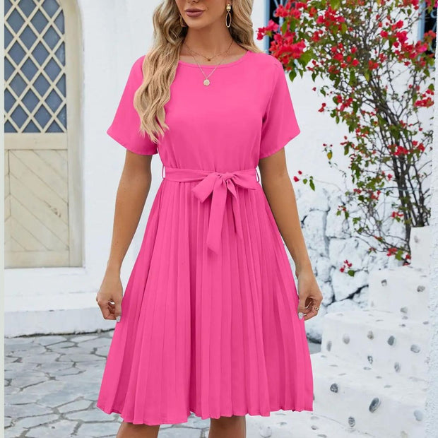 Isabella - Klassisches plissiertes Midikleid mit Bindeband an der Taille