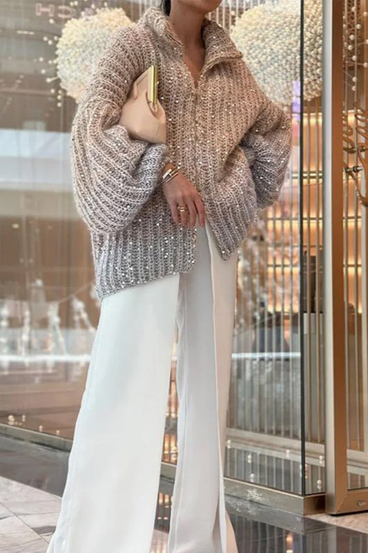 Strickjacke mit Strickstruktur und Pailletten in Khaki