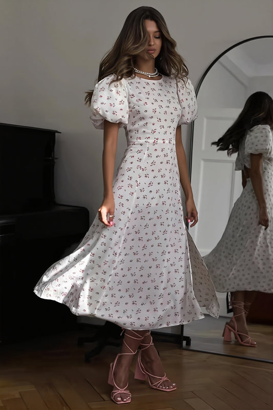 Maxikleid mit Puffärmeln, Schlitz und Blumenmuster