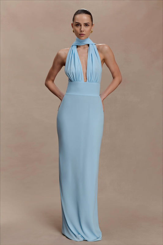 Figurbetontes Maxikleid mit V-Ausschnitt, Bindedetail und Punktemuster