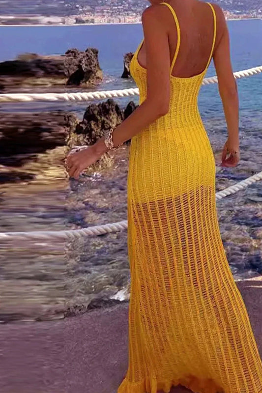 Maxikleid mit Aussparungen und Strickstruktur in Gelb