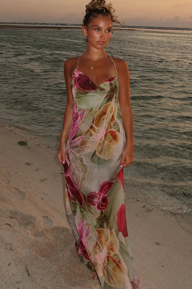 Rückenfreies Maxikleid mit Druck in Rosenrot