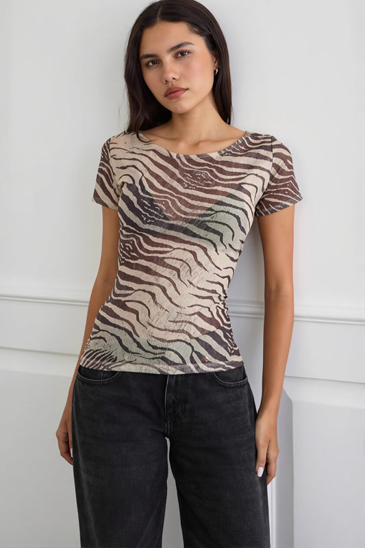 T-Shirt mit Druck und Netzdetails
