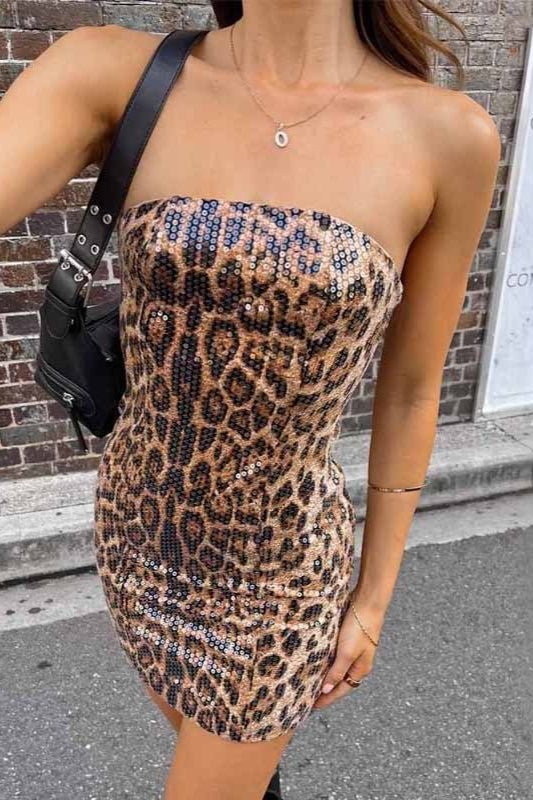 Trägerloses Minikleid mit Leopardenmuster und Pailletten in Braun