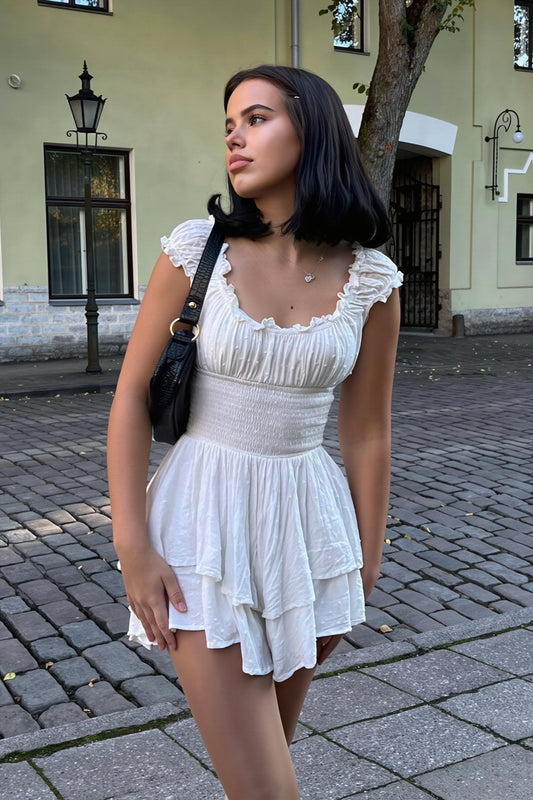 Schulterfreies Minikleid mit Wickeldesign und Stickerei