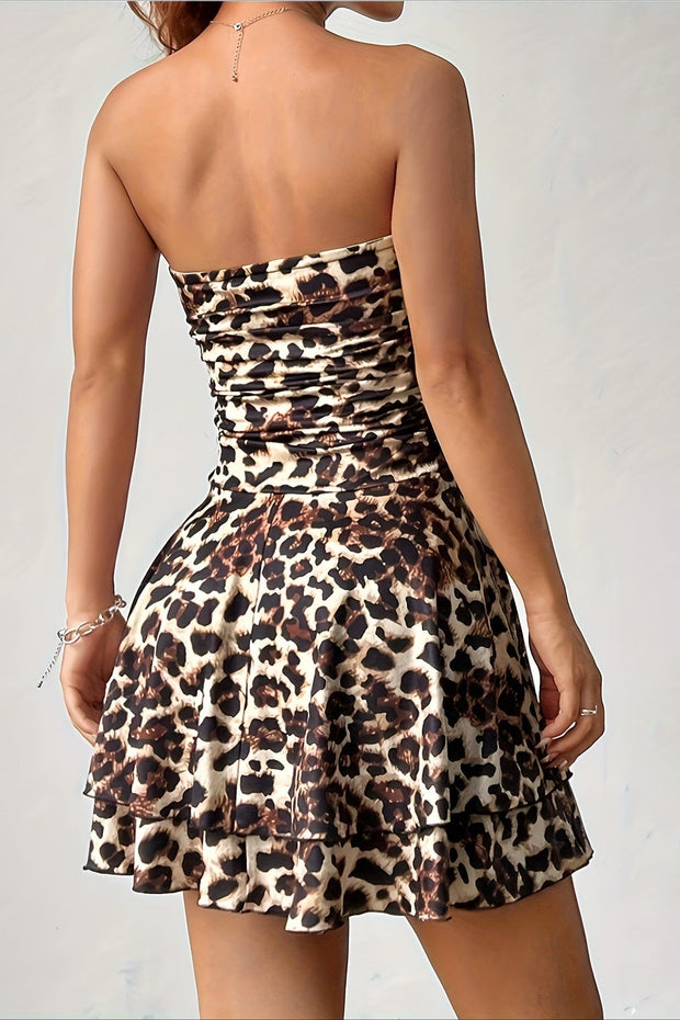 Schulterfreies Minikleid mit Wickeldesign und Leopardenmuster