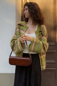 Locker geschnittene Strickjacke mit Streifenmuster, Farbblockmuster und Strickstruktur