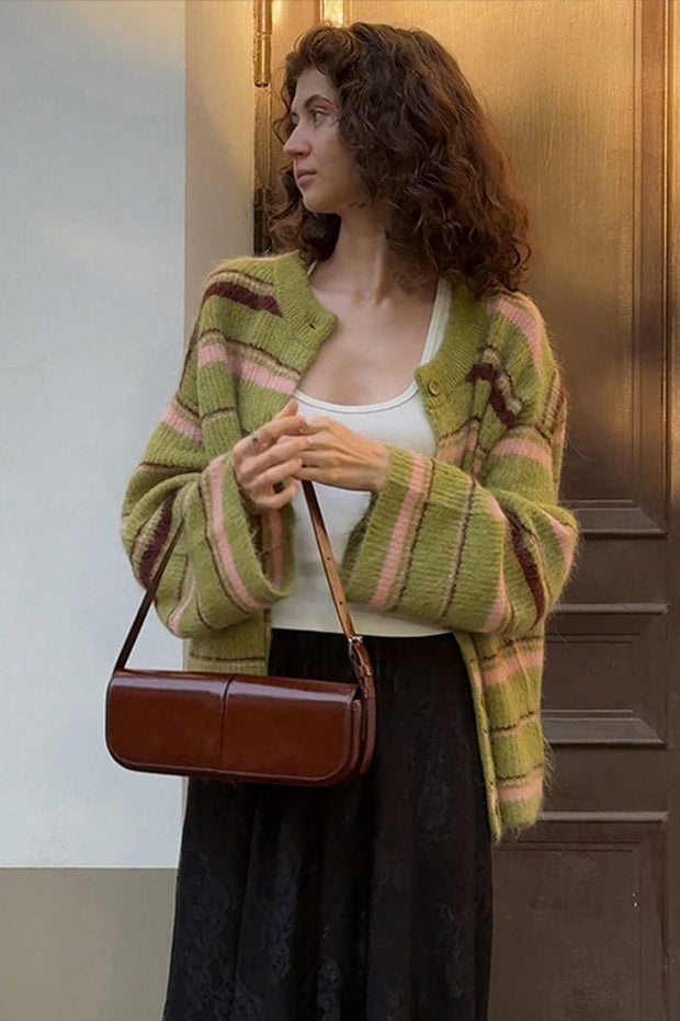 Locker geschnittene Strickjacke mit Streifenmuster, Farbblockmuster und Strickstruktur