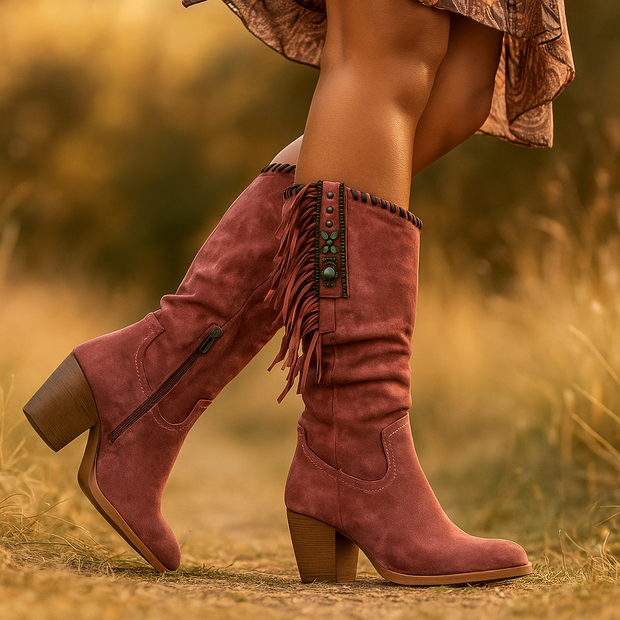 Hohe Damenstiefel mit Fransen und bequemem Absatz - Magda