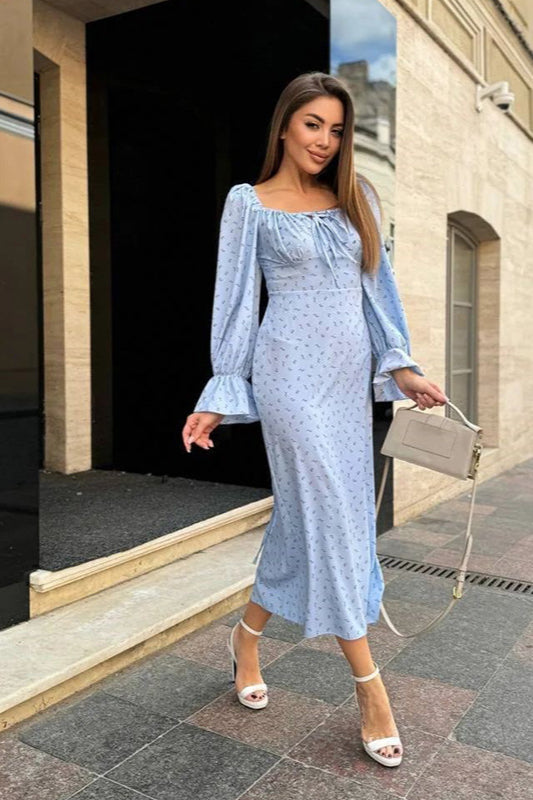 Figurbetontes Maxikleid mit langen Ärmeln und Blumenmuster