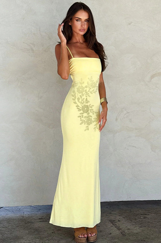 Trägerloses Maxikleid mit Strass in Gelb