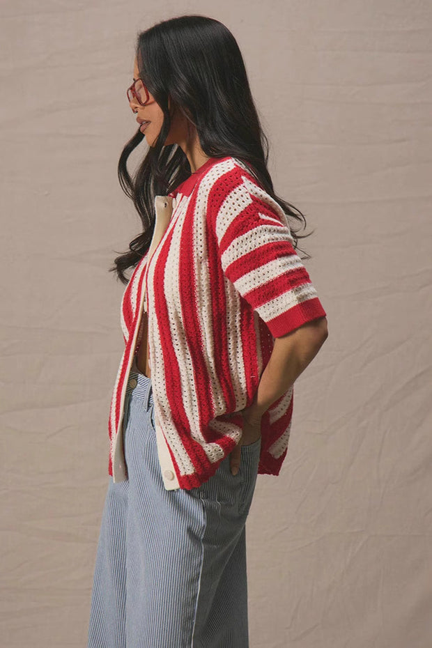 Strickjacke mit Streifenmuster, Farbblockmuster und Strickstruktur