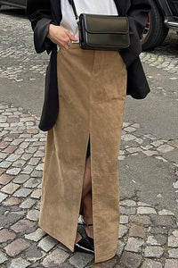 Midirock mit hoher Taille, Schlitz und Wildleder