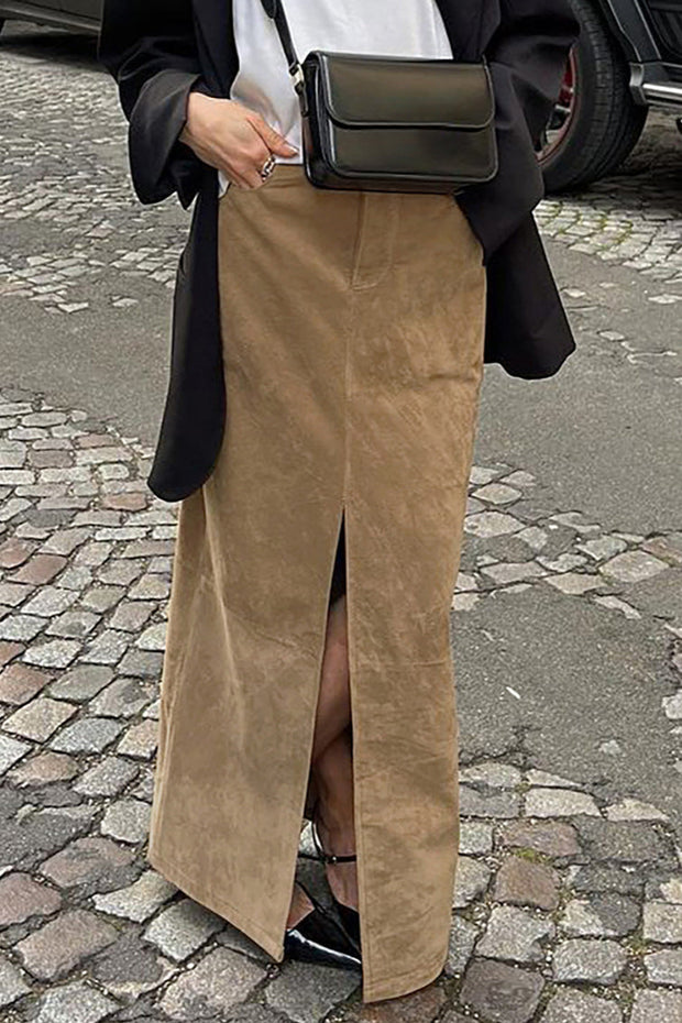 Midirock mit hoher Taille, Schlitz und Wildleder