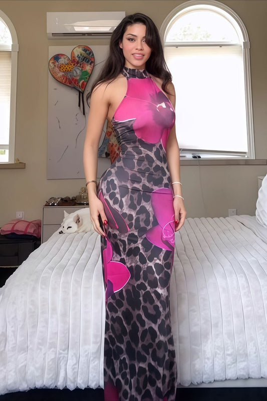 Figurbetontes Maxikleid mit Neckholder und Leopardenmuster