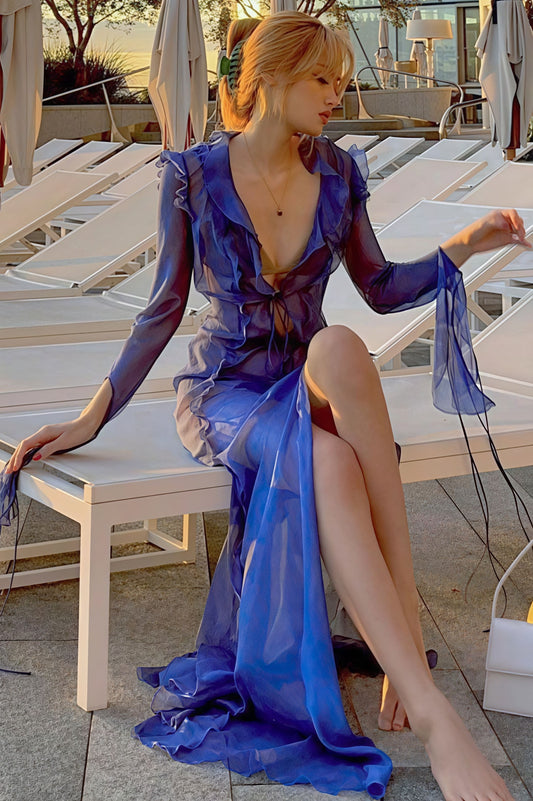 Maxikleid mit V-Ausschnitt, Schlitz und Wickeldesign