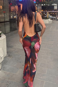 Rückenfreies Maxikleid mit V-Ausschnitt, Druck und Spitze
