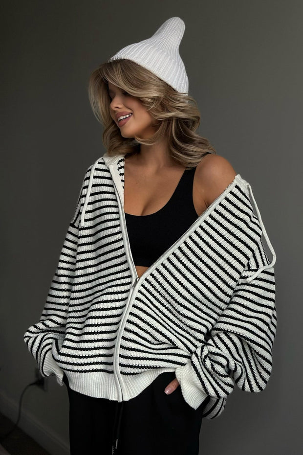 Locker geschnittene Strickjacke mit Reißverschluss, Farbblockmuster und Strickstruktur