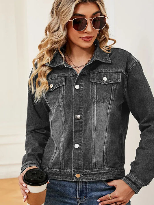 Jeansjacke im Used-Look mit Knopfverschluss und Taschen und langen Ärmeln