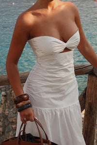 Trägerloses Maxikleid mit Farbblockmuster und Netzdetails