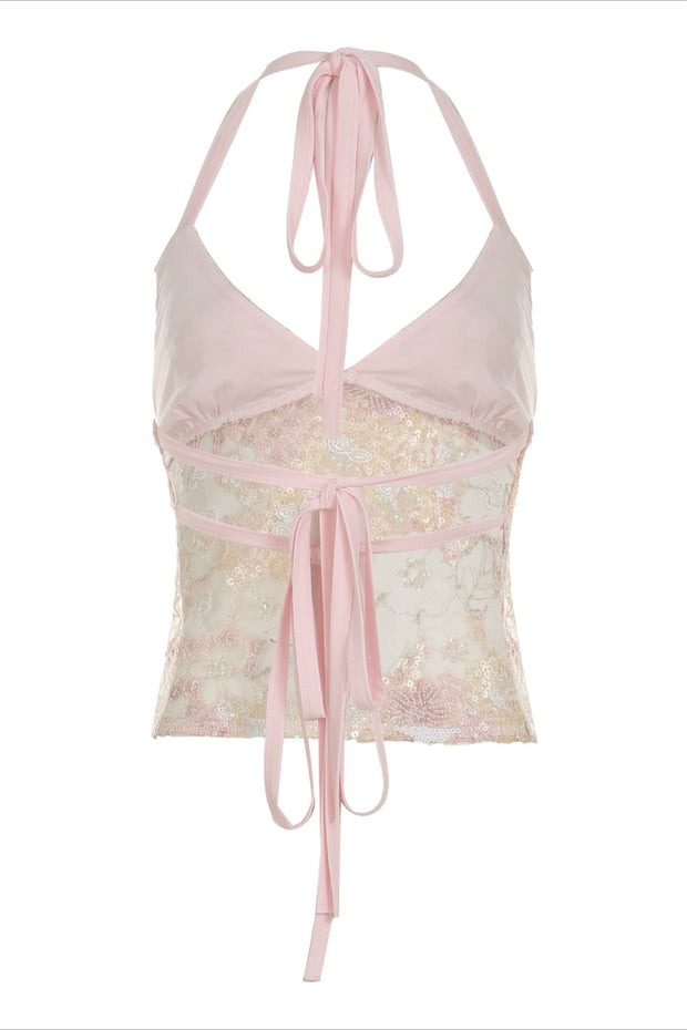 Top mit Neckholder, Spitze und Netzdetails