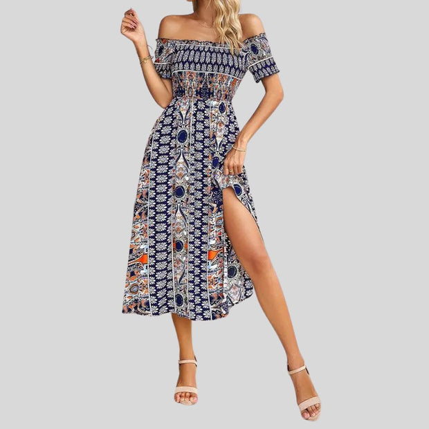 Aurora - Langes Boho-Kleid mit freien Schultern und Rüschen