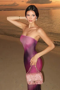 Trägerloses Maxikleid mit Druck in Lila Rosa