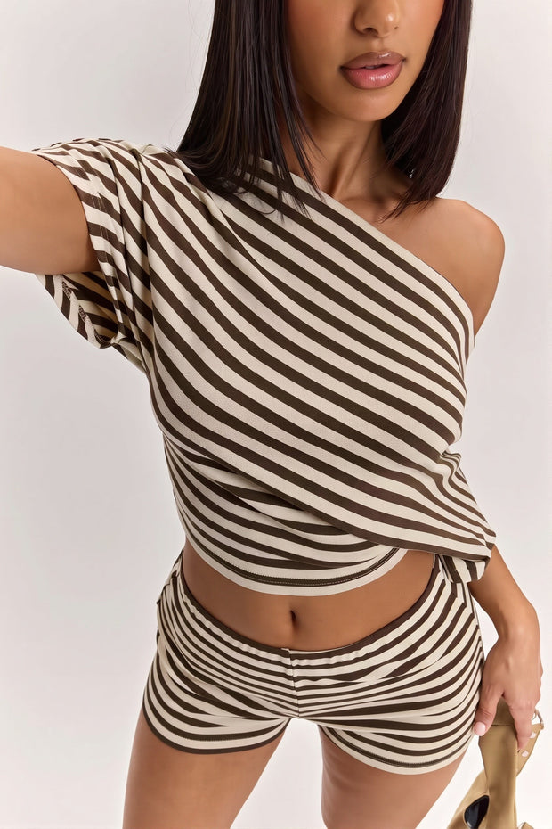 Schulterfreies Zweiteiliges Set mit hoher Taille und Streifenmuster