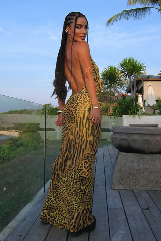 Figurbetontes Maxikleid mit Leopardenmuster in Gelb