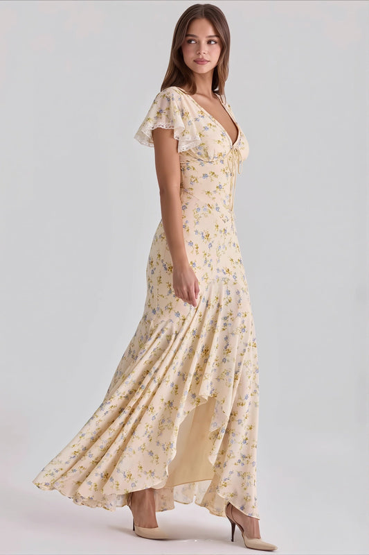 Figurbetontes Maxikleid mit V-Ausschnitt und Blumenmuster
