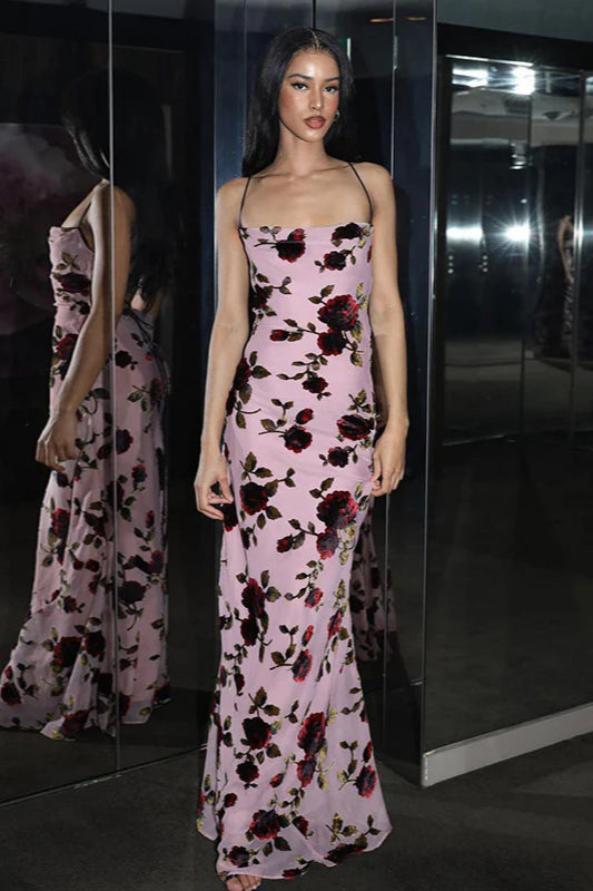Figurbetontes Maxikleid mit Druck in Rosa, rückenfrei
