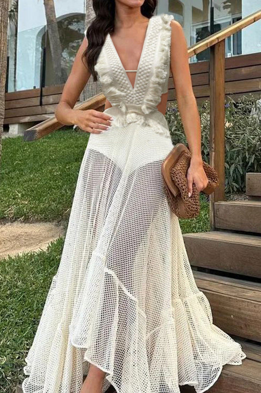Ärmelloses Maxikleid mit Netzdetails und Fransen