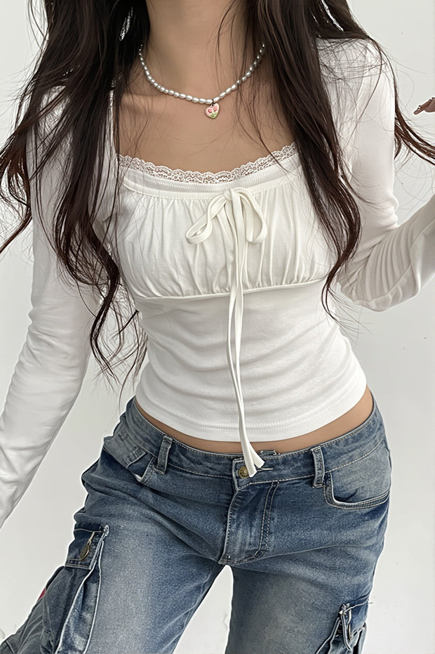 T-Shirt mit langen Ärmeln, Raffung und Bindedetail