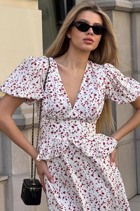 Maxikleid mit V-Ausschnitt, Puffärmeln und Druck