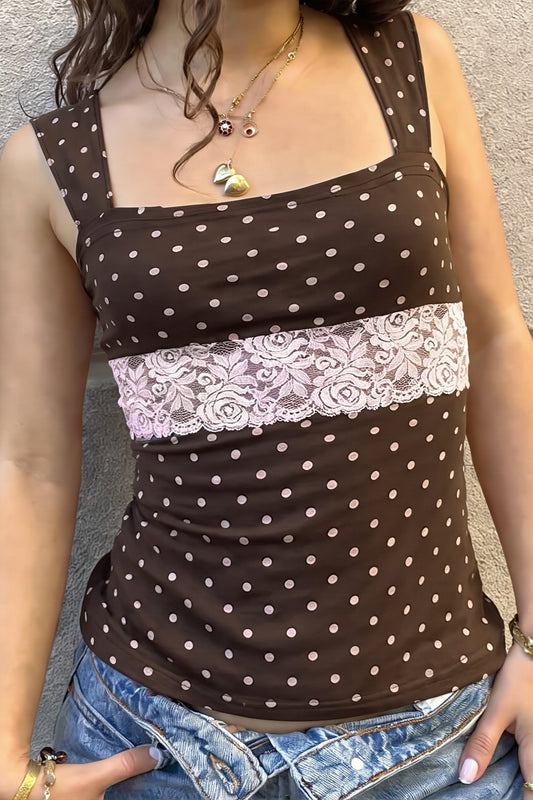 Tanktop mit Punktemuster und Spitze