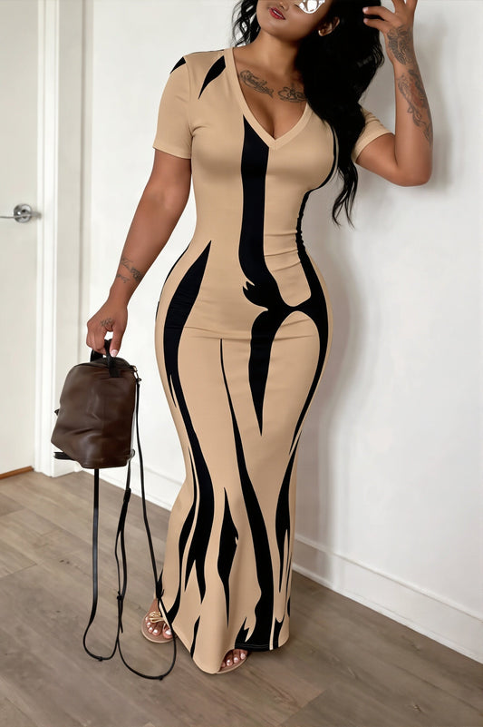 Maxikleid mit V-Ausschnitt, kurzen Ärmeln und Druck