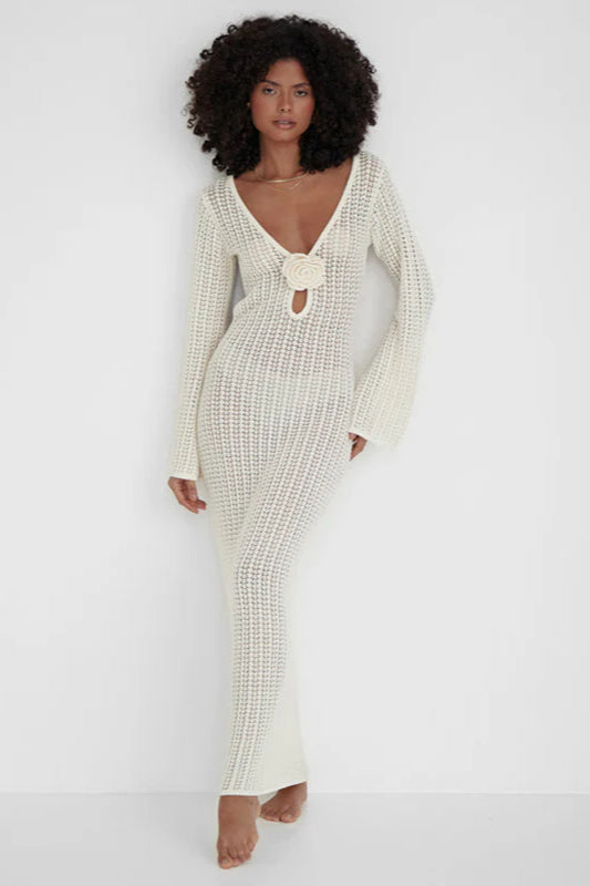 Rückenfreies Maxikleid mit V-Ausschnitt und Strickstruktur