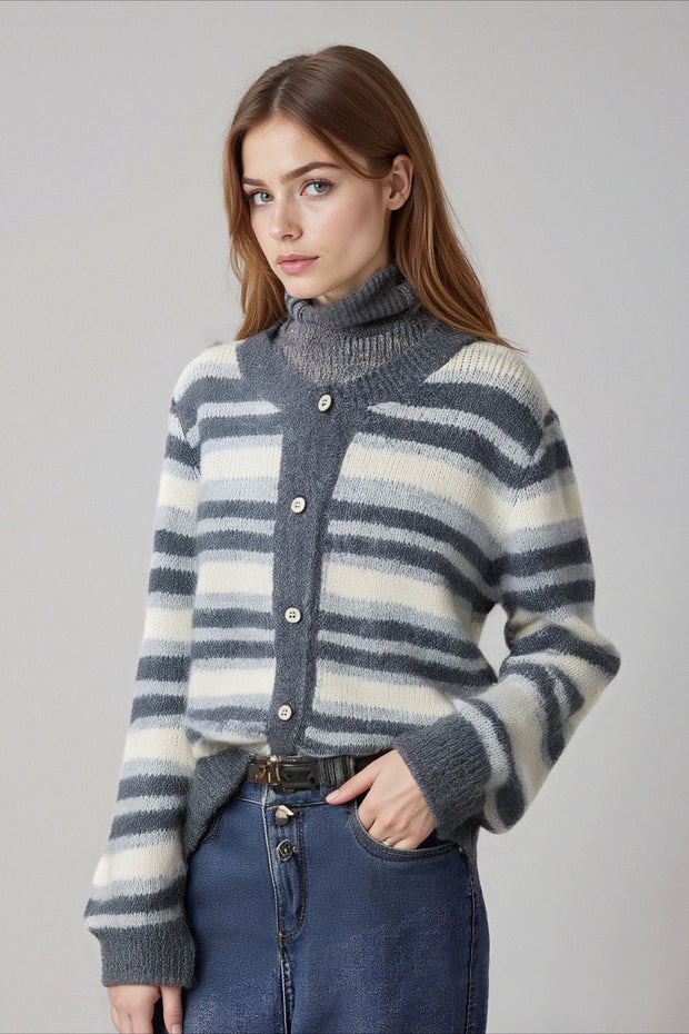 Locker geschnittene Strickjacke mit Rundhalsausschnitt, Streifenmuster und Farbblockmuster