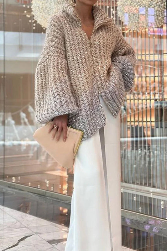 Strickjacke mit Strickstruktur und Pailletten in Khaki