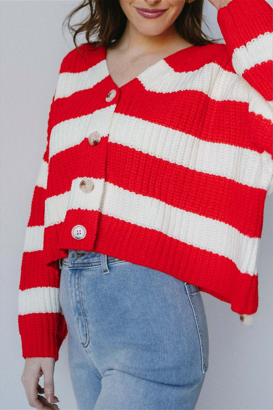 Locker geschnittene Strickjacke mit V-Ausschnitt, langen Ärmeln und Streifenmuster