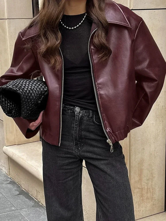 Rote Vintage-Lederjacke mit Reißverschluss