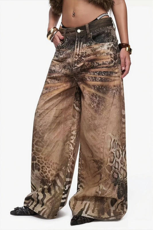 Jeans mit weitem Bein, Leopardenmuster und Zebramuster