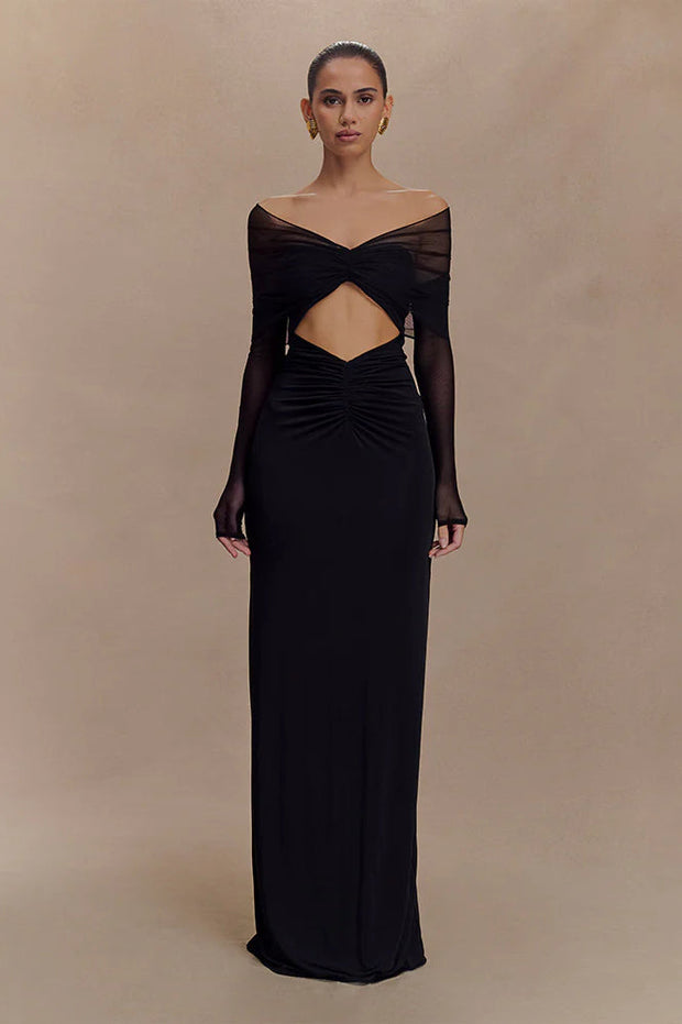 Schulterfreies Maxikleid mit Aussparungen, Patchwork und Netzdetails