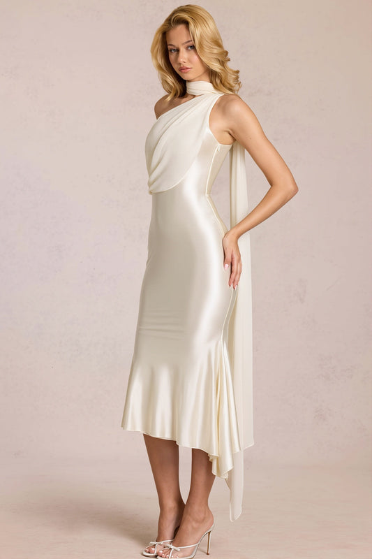Maxikleid mit Ein-Schulter-Design, Netzdetails und Satinoptik