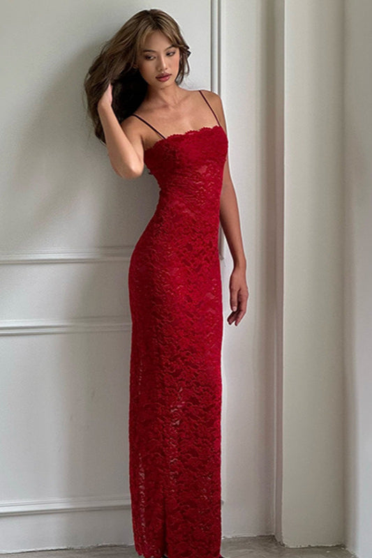 Trägerloses Maxikleid mit Spitze in Rot